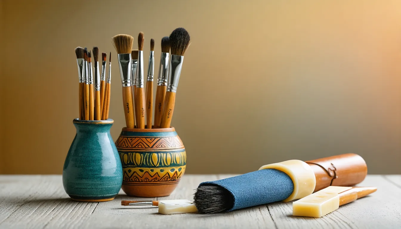 Brushes stored upright in a holder and in a brush roll